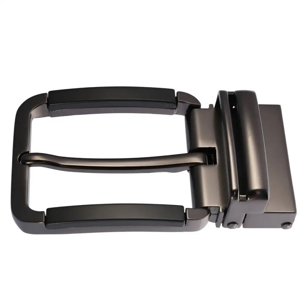 Black metal belt buckle with chrome finish and black accents for a stylish accessory