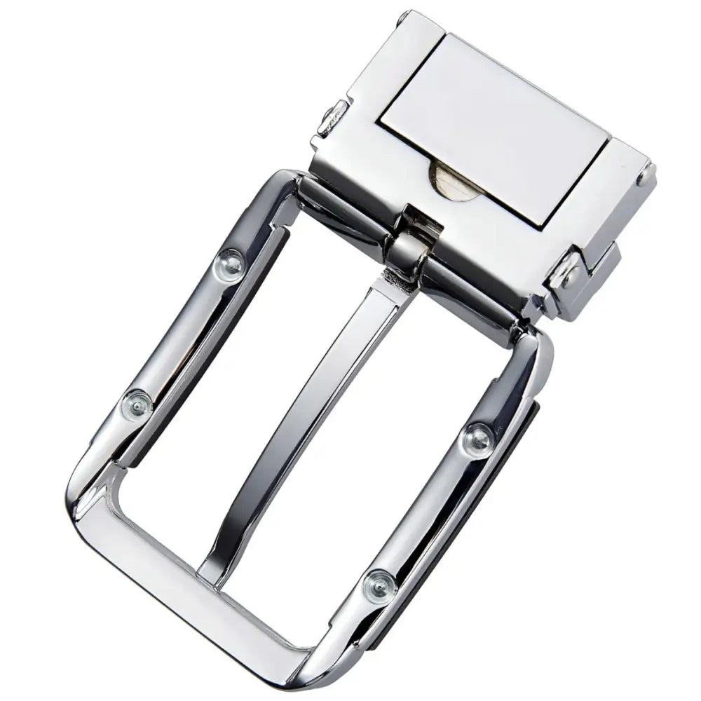 Shiny metal belt buckle with silver finish and black accents for stylish belt accessory