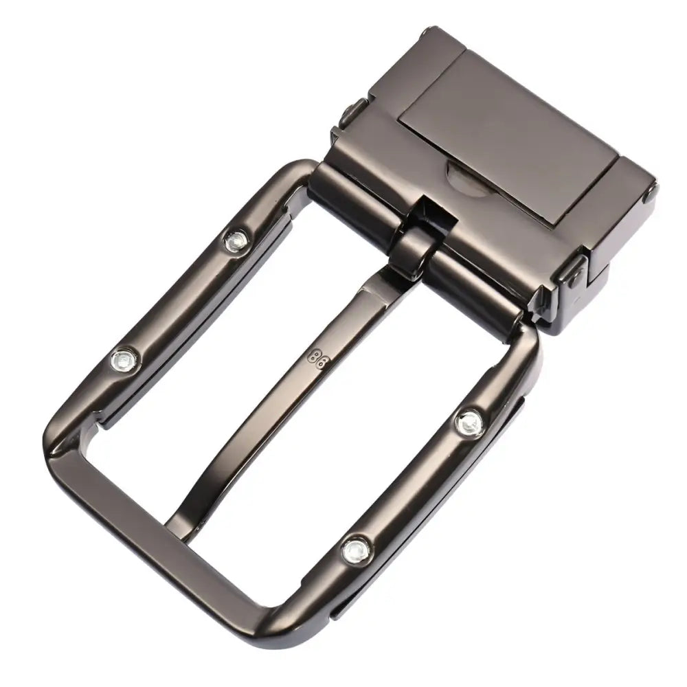 Chrome belt buckle with black accents and silver finish, stylish metal belt buckle accessory