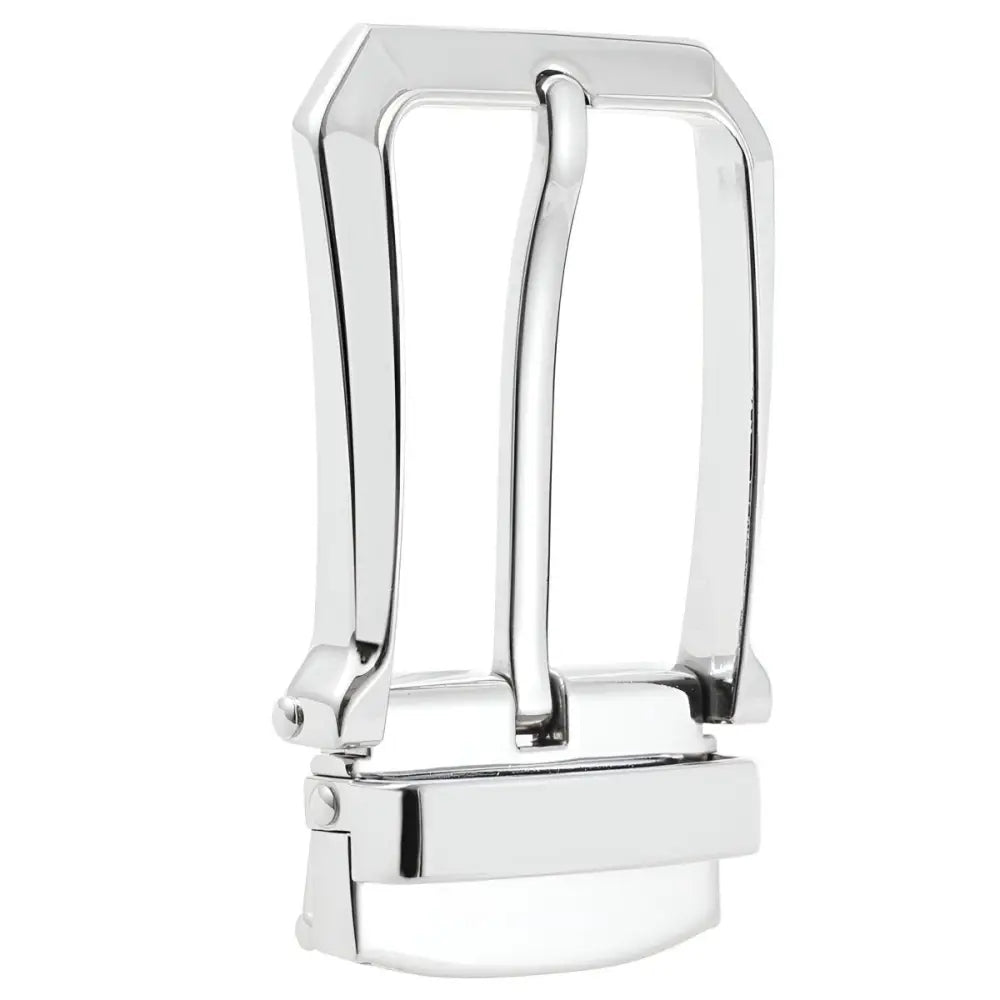 Shiny silver Maxie Belt Buckle with sleek design for Maxie Belt in silver, black, or gold tones