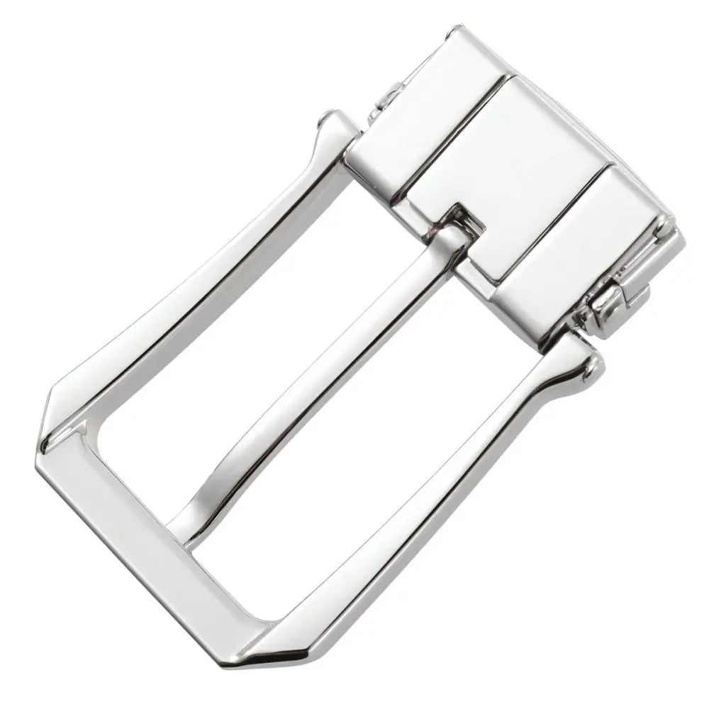 Shiny silver Maxie Belt Buckle displayed on Maxie Belt in silver black or gold tones