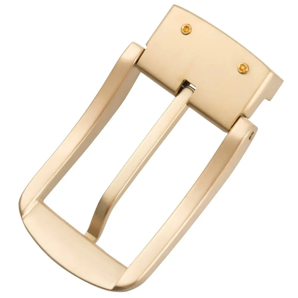 Gold-colored pin buckle on a stylish silver and gold belt with metal buckles