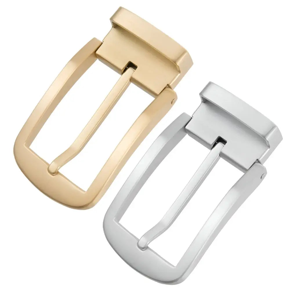 Silver and gold pin buckle belts showcasing two metal buckle belt designs