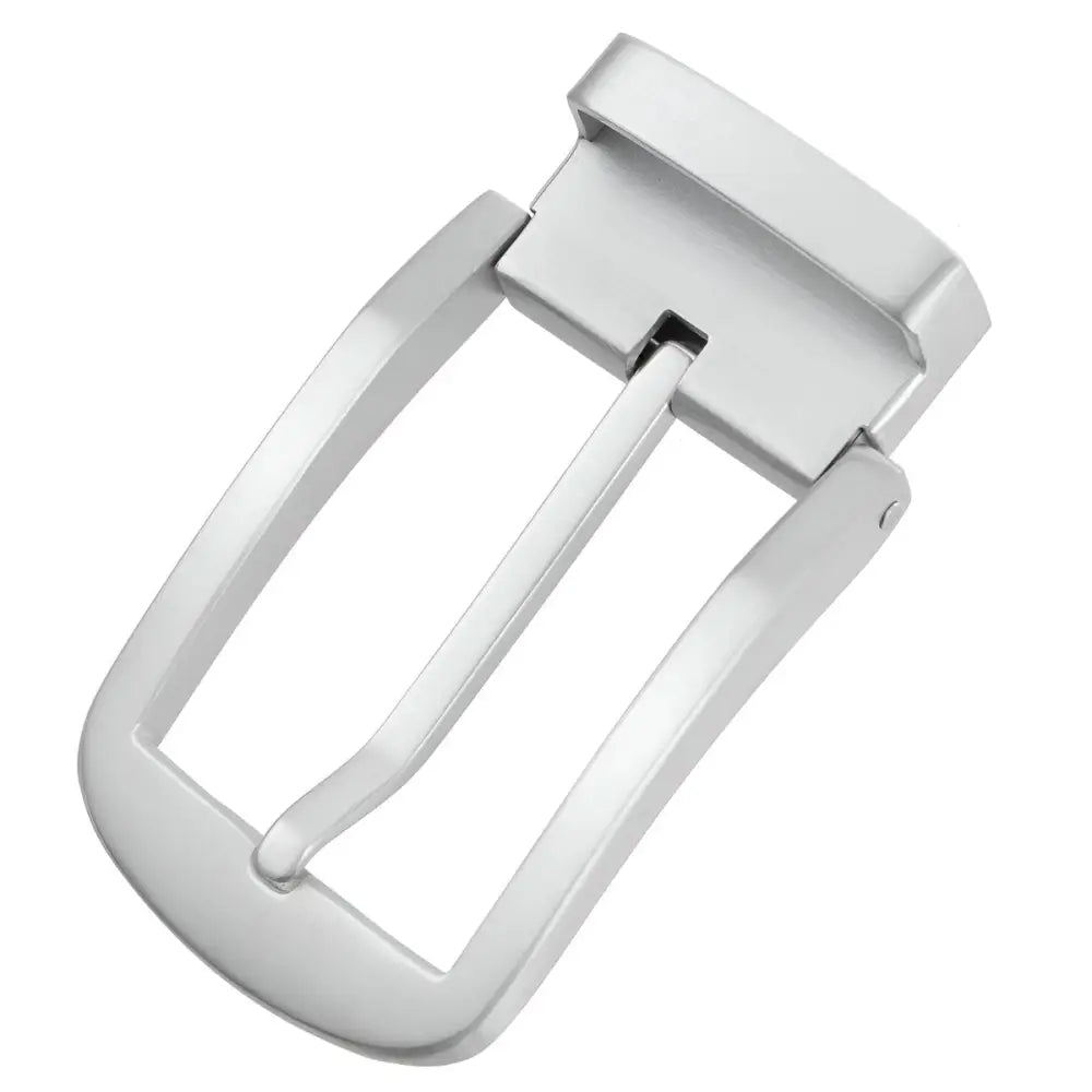 Silver-toned pin buckle displayed on a stylish pin buckle belt with metal buckles