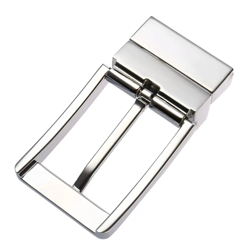 Silver metal belt buckle with a shiny finish for a sleek accessory appearance