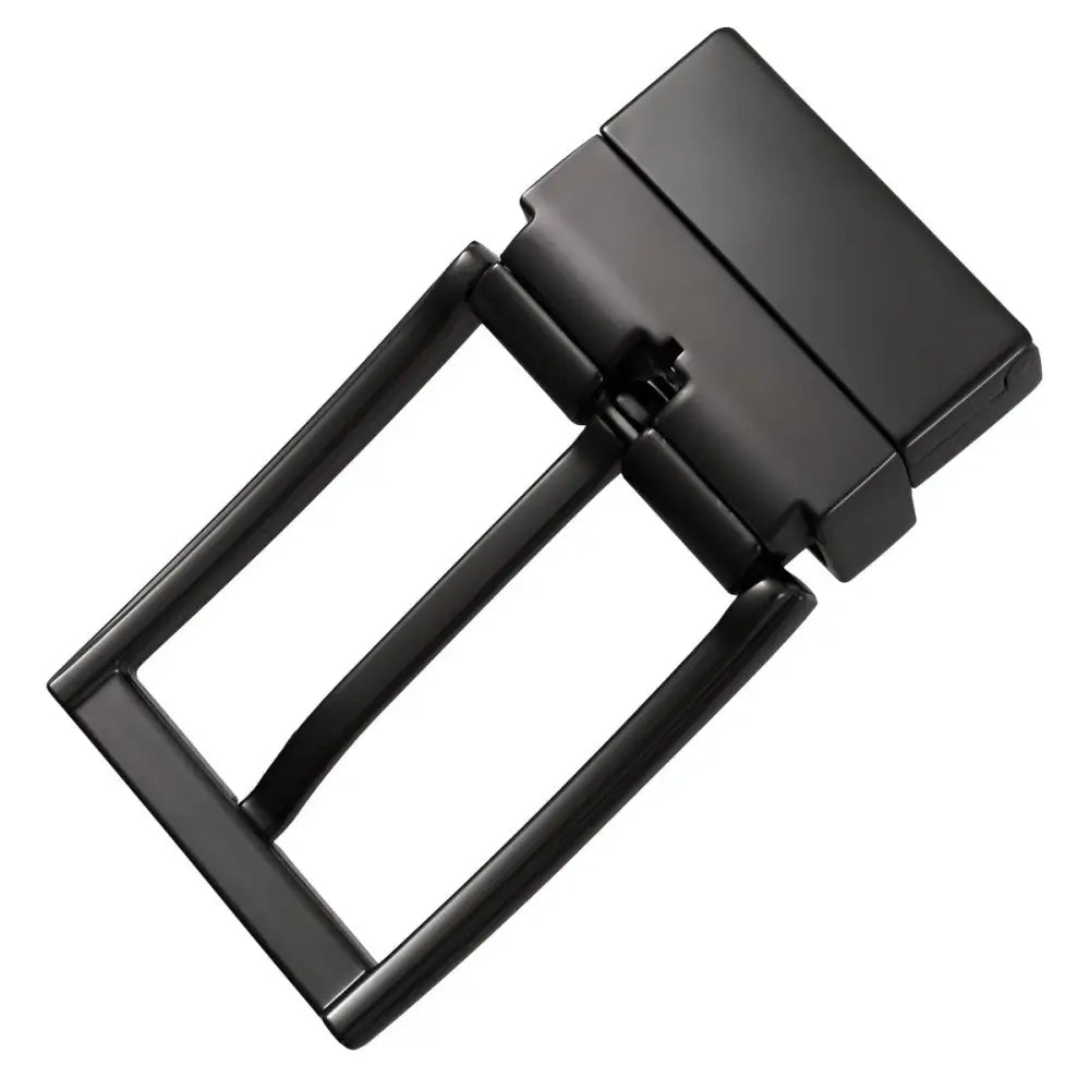 Black metal belt buckle shown on stylish silver belt loop accessory for waist fashion