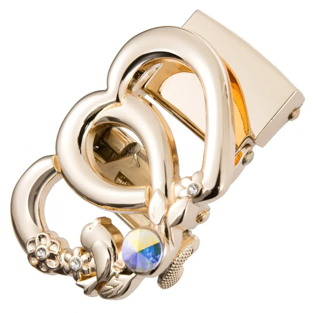 Gold-toned heart-shaped belt buckle with floral and bird accents for Elegant Belt Buckles collection