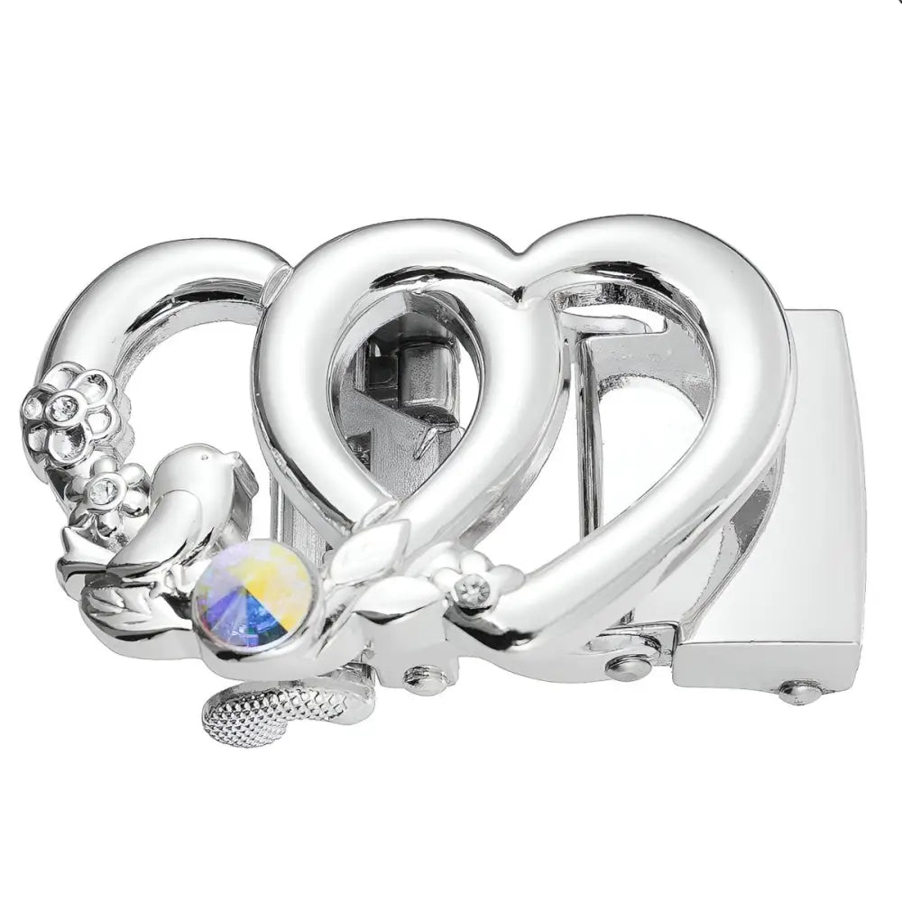Silver heart-shaped belt buckle with bird and floral accents, perfect for Elegant Belt Buckles