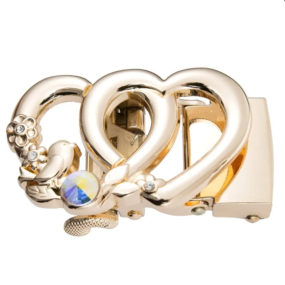 Gold-toned heart-shaped belt buckle with floral and bird accents for elegant fashion style
