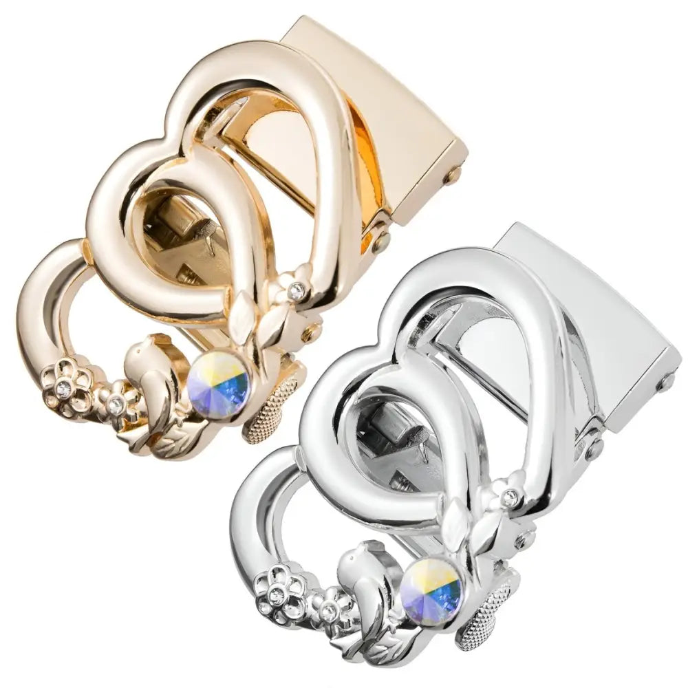 Gold and silver heart-shaped belt buckle clips with rhinestones for elegant accessories