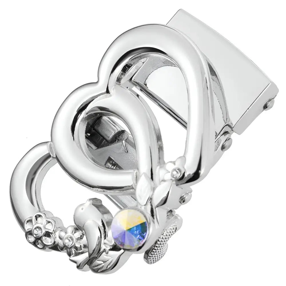 Silver heart-shaped belt buckle with iridescent gem featuring floral details and rhinestones