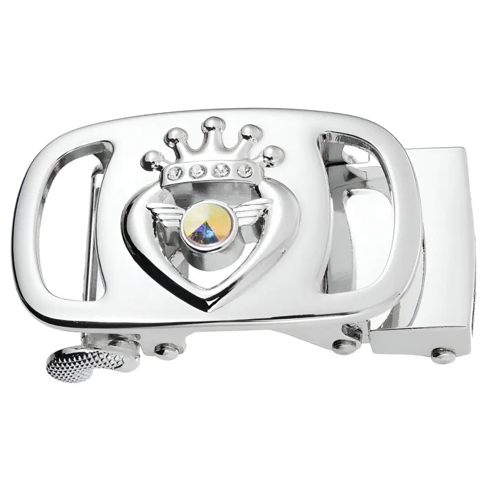 Silver belt buckle with crown and heart design, part of the decorative regalia automatic buckle collection