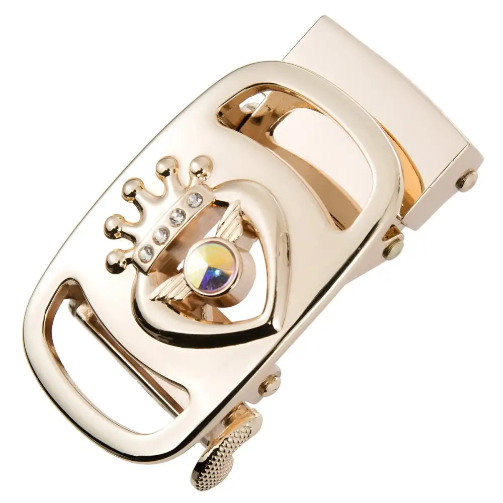 Gold-toned regalia automatic buckle with crown and jewel, elegant decorative accessory