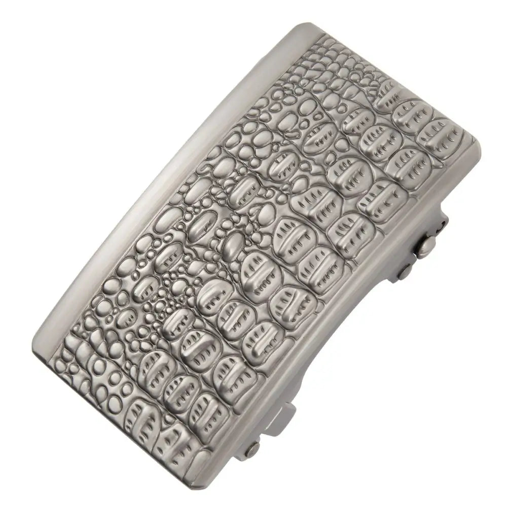 Silver-toned belt buckle with crocodile skin pattern for elegant accessories