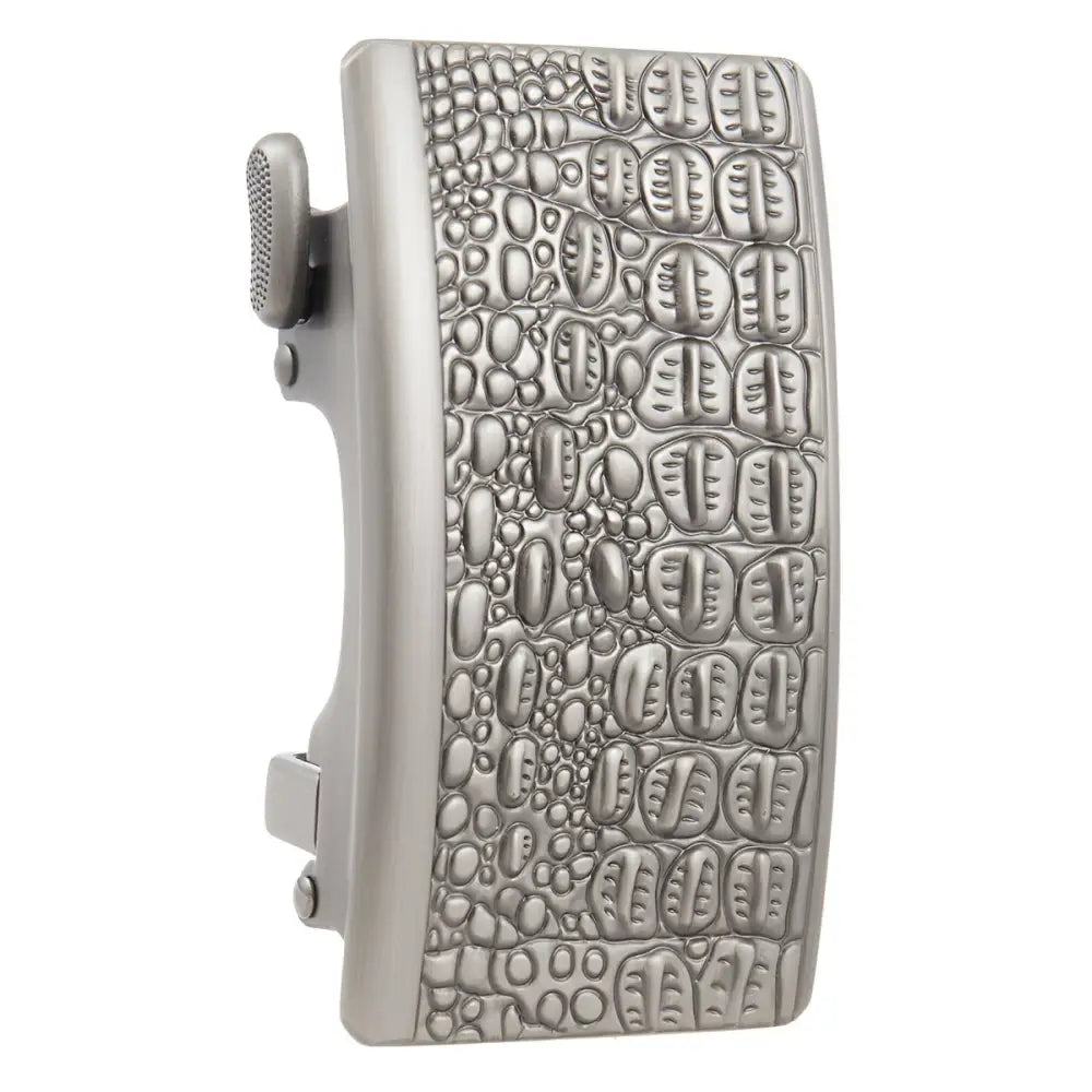 Silver-toned crocodile-patterned belt buckle for elegant accessories and stylish looks