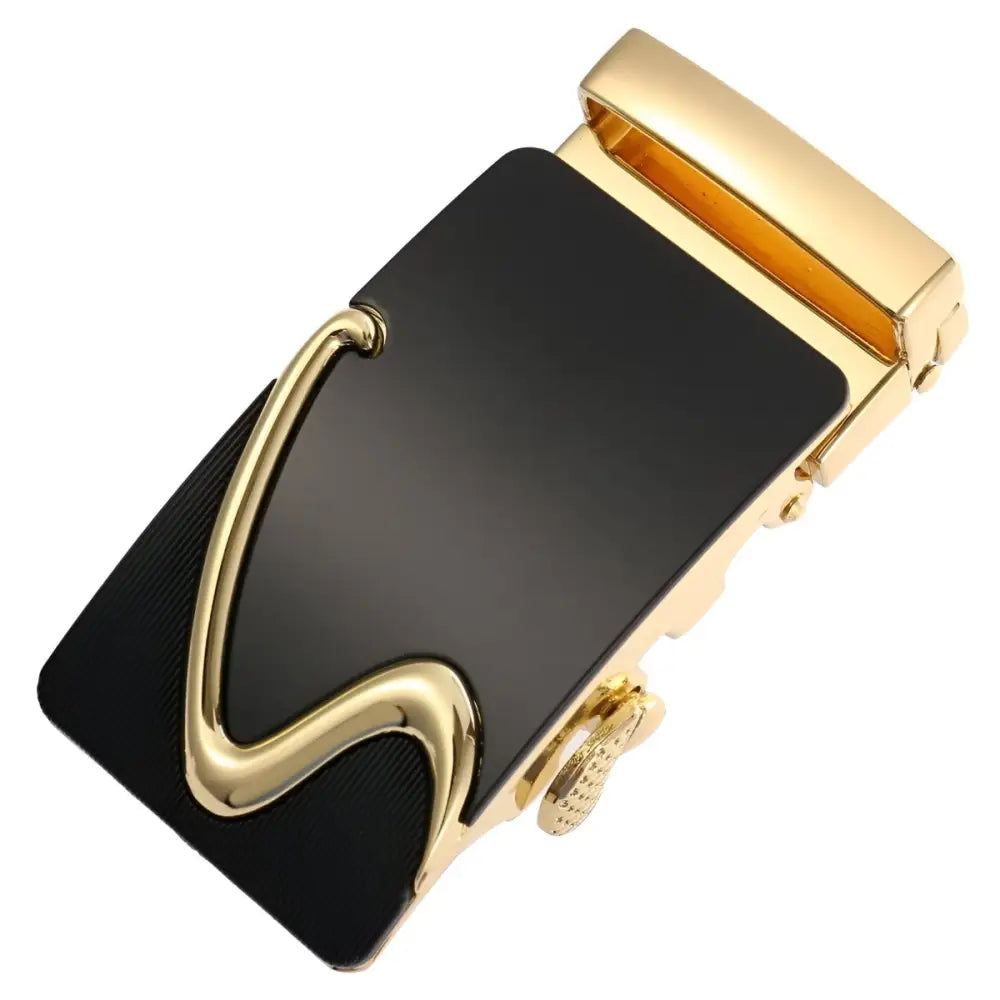 Gold and black belt buckle for Nico automatic belt with sleek, durable design