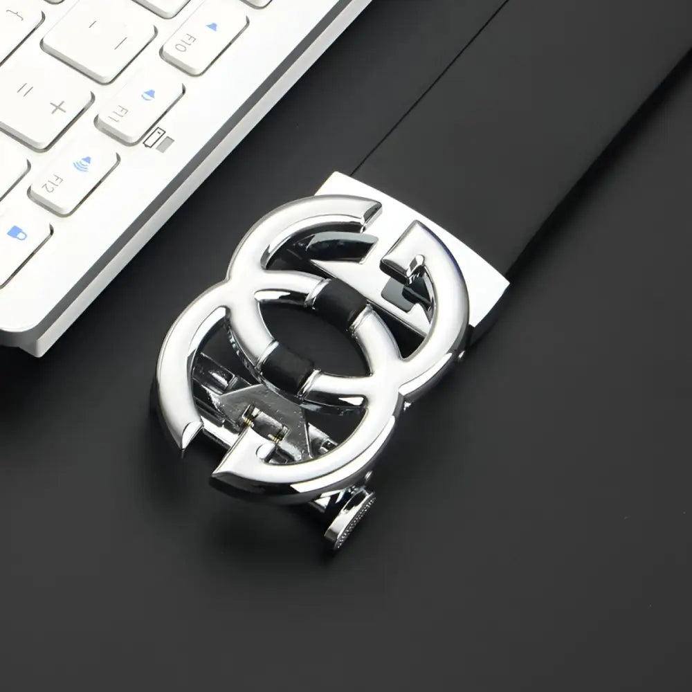 Elegant automatic double leather belt with silver interlocking G buckle for men