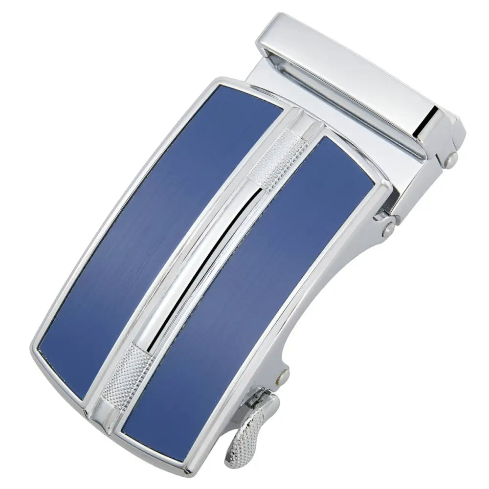 Silver and blue belt buckle from Chrome and Black Belt Buckle in Silver and Black Finish