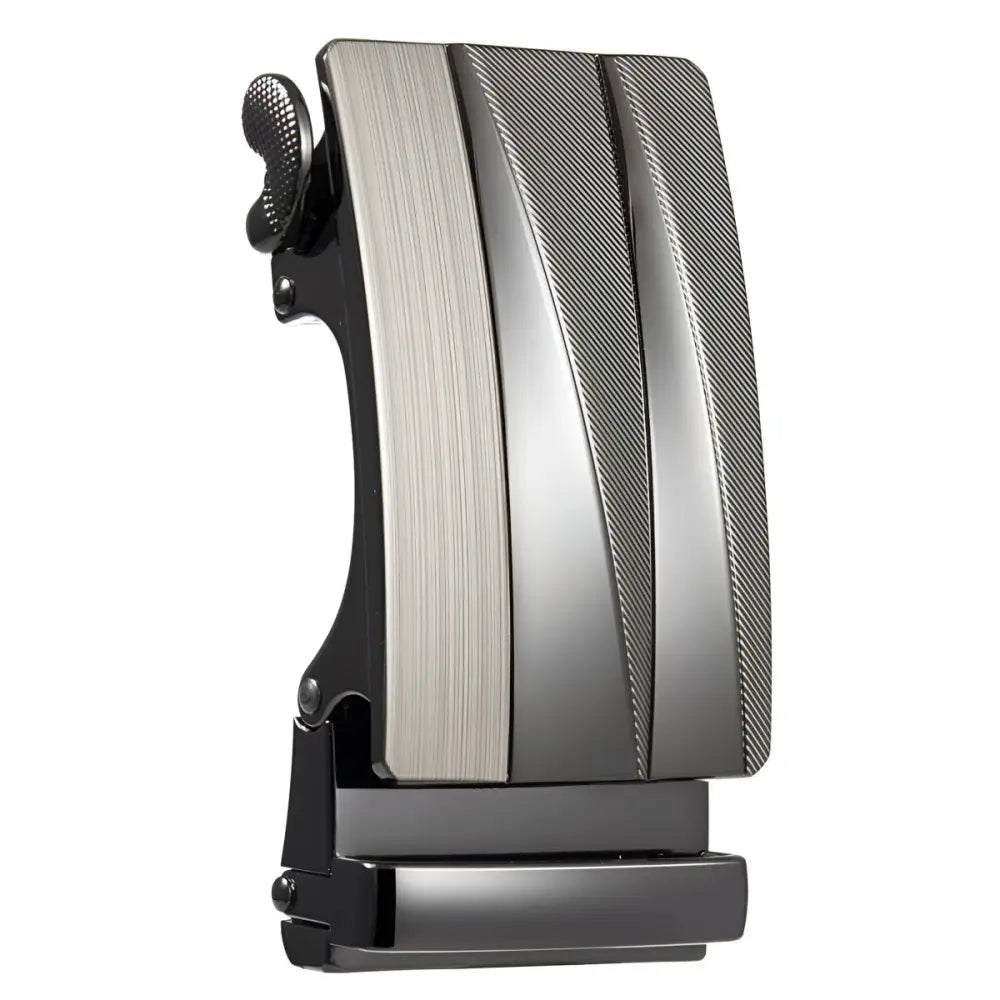 Silver and black automatic belt buckle for modern ratchet belts