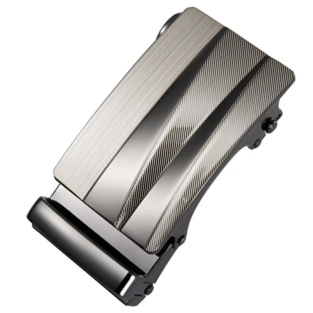 Gunmetal automatic belt buckle for modern ratchet belts showcasing durable metal design