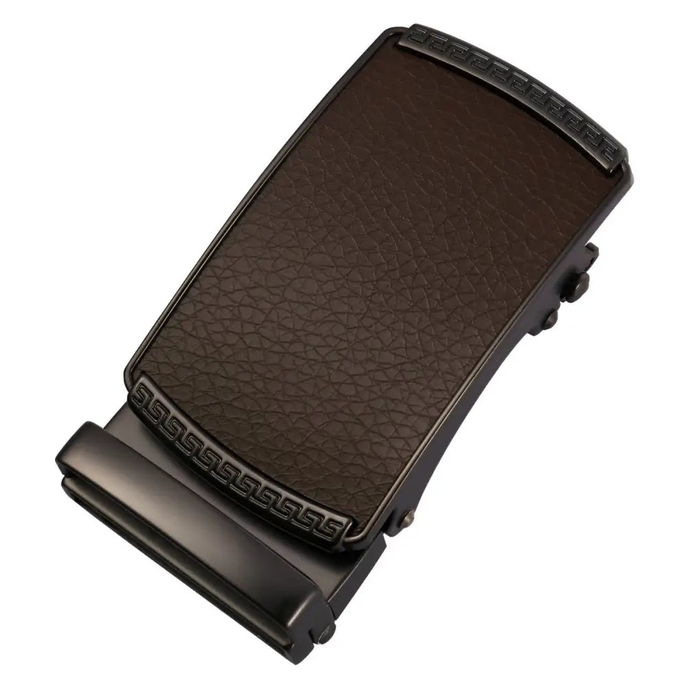 Brown leather belt buckle featuring Callum Automatic Belt with gold tone and carbon fiber