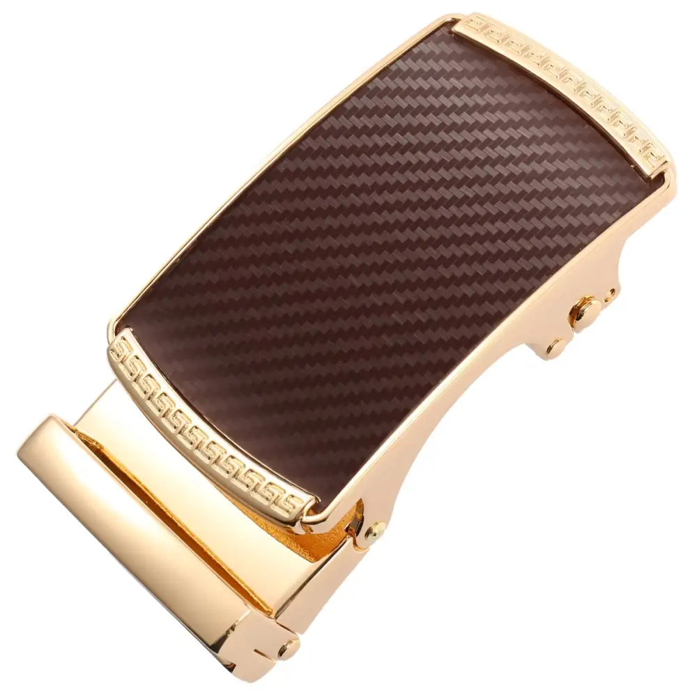 Gold-toned Callum Automatic Belt Buckle with brown carbon fiber inlay for stylish sophistication