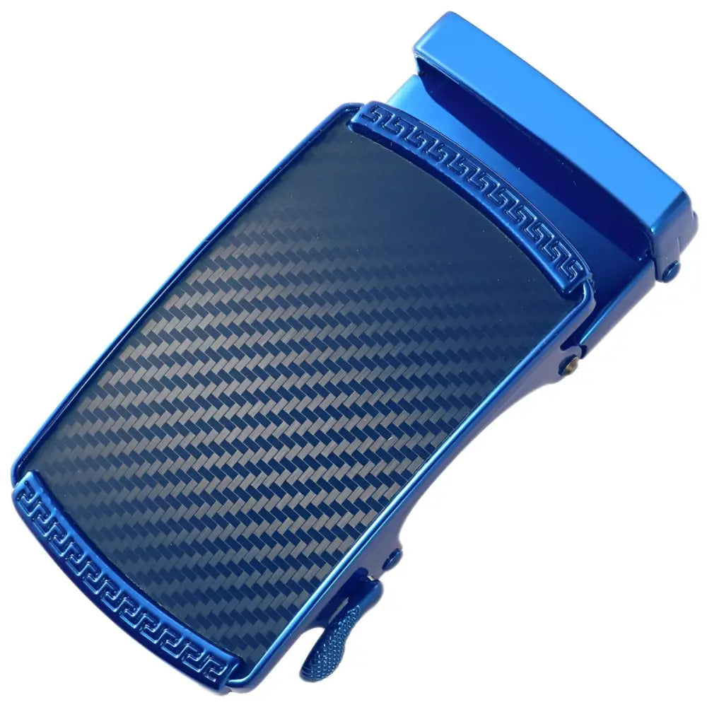 Blue metal belt buckle with carbon fiber inlay from Callum Automatic Belt collection