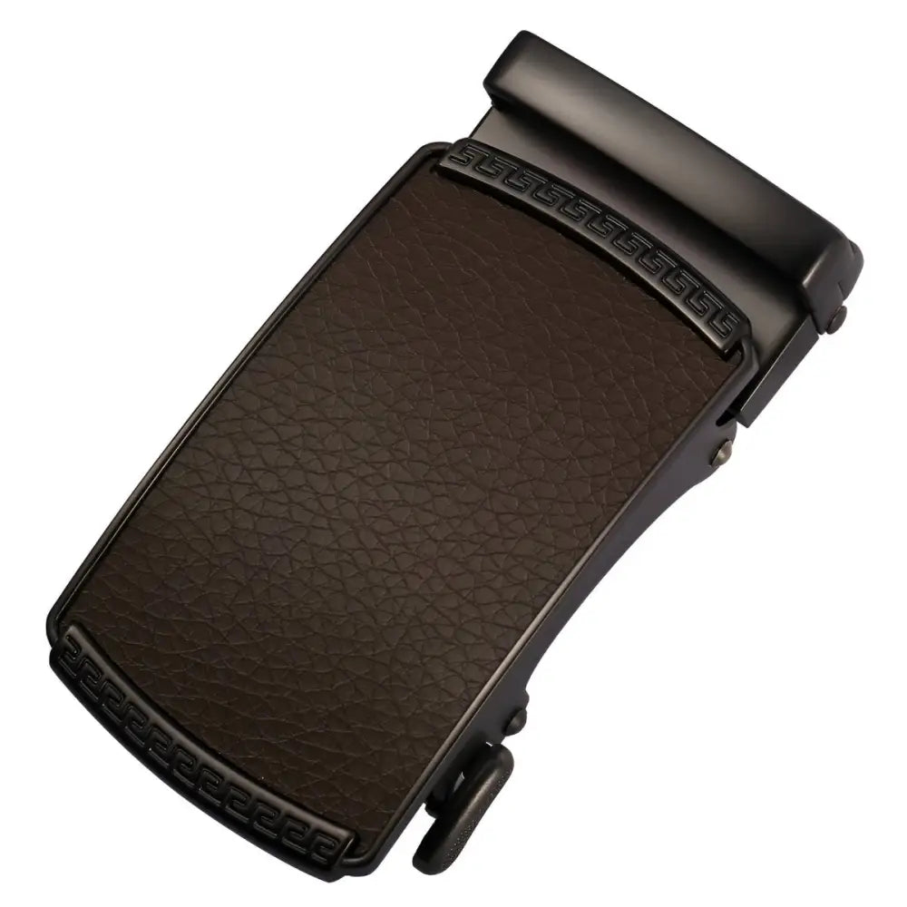 Brown leather belt buckle for Callum Automatic Belt featuring gold tone and carbon fiber inlay