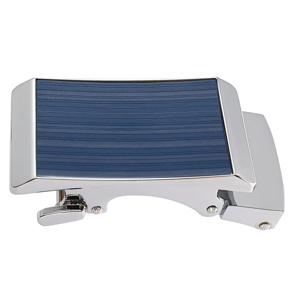 Silver and blue Cooper Model Automatic Belt Buckle showcasing modern design and craftsmanship