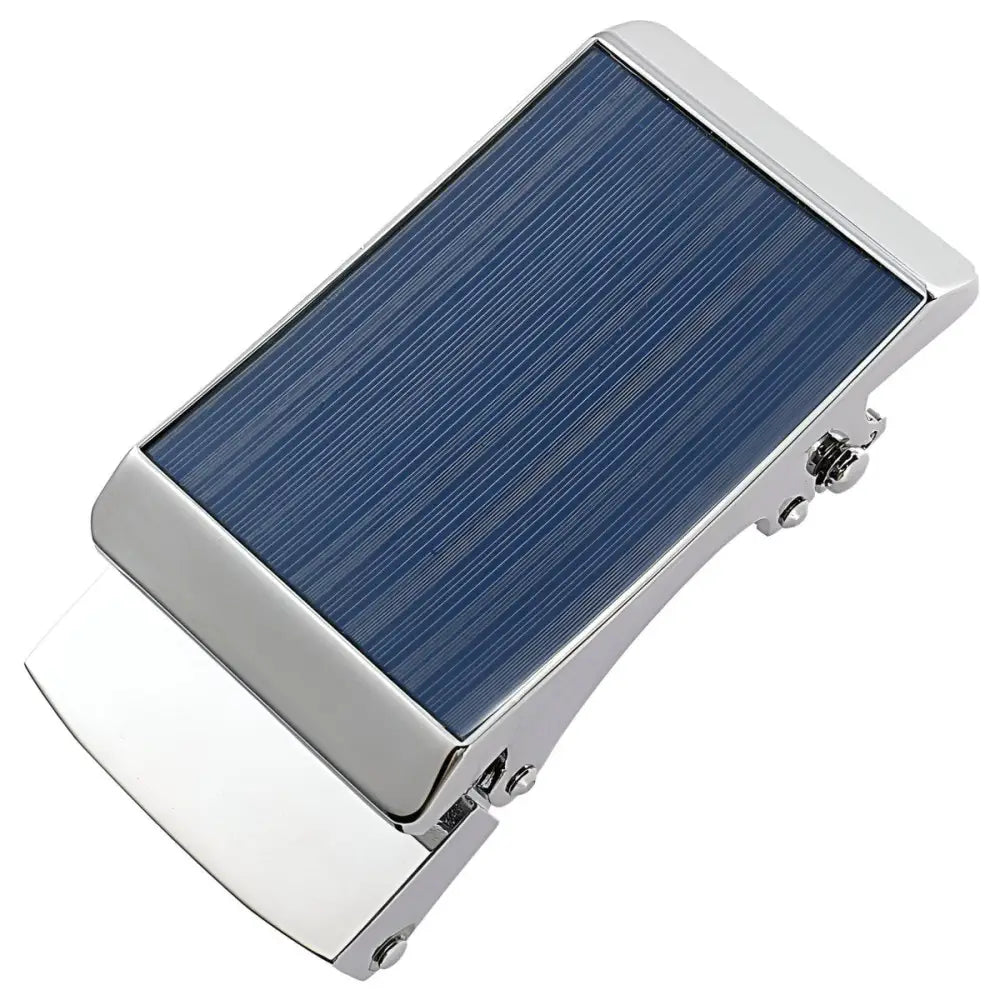 Silver and blue Cooper Model automatic belt buckle for stylish wardrobe enhancement