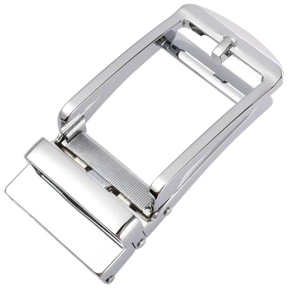 Shiny silver belt buckle for Cyril Automatic Belt Systems and automatic belt buckle compatibility