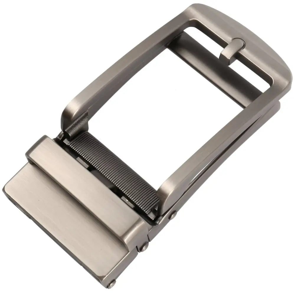 Polished Silver Belt Buckle for Cyril Automatic Belt Systems featuring a metal ratchet buckle