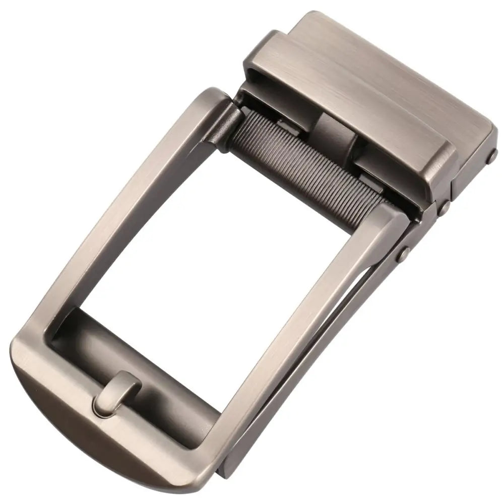 Polished silver belt buckle for Cyril Automatic Belt Systems, an automatic belt buckle accessory