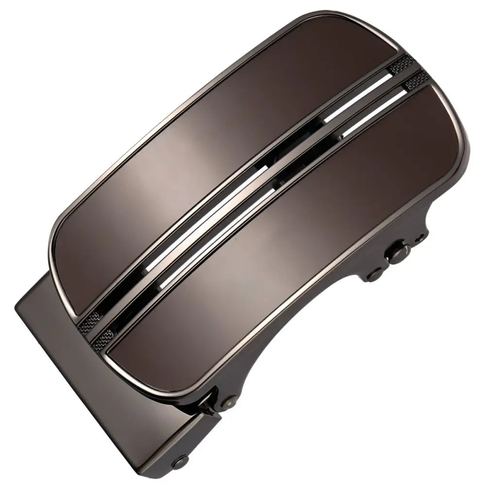 Brown metal belt buckle on Davy Automatic Belt with chrome and black silver buckle