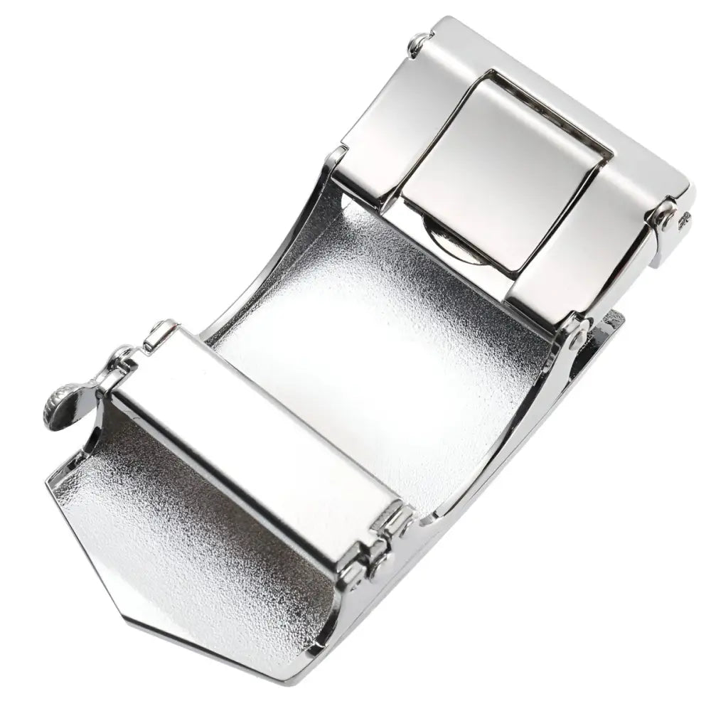 Shiny silver belt buckle from the Red and Silver Declan Automatic Belt collection