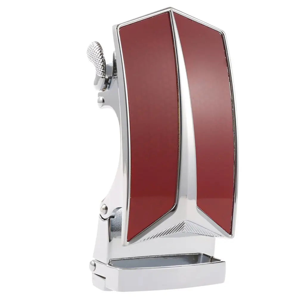 Red and silver Declan automatic belt buckle for stylish wear featuring a sleek belt buckle