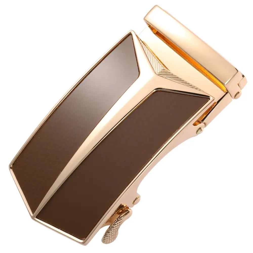 Gold-tone belt buckle with brown accents from the Red and Silver Declan automatic belt collection