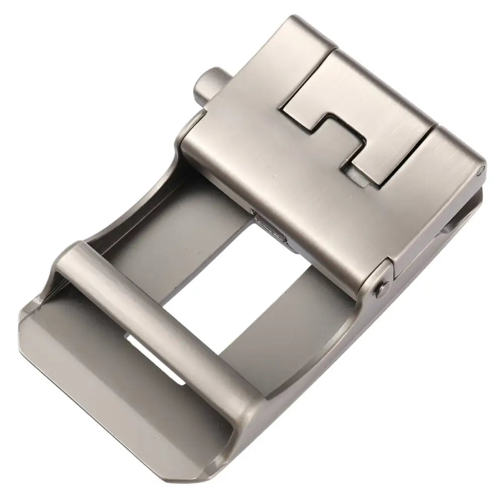 Silver-toned metal belt buckle with automatic closure for secure and stylish fit