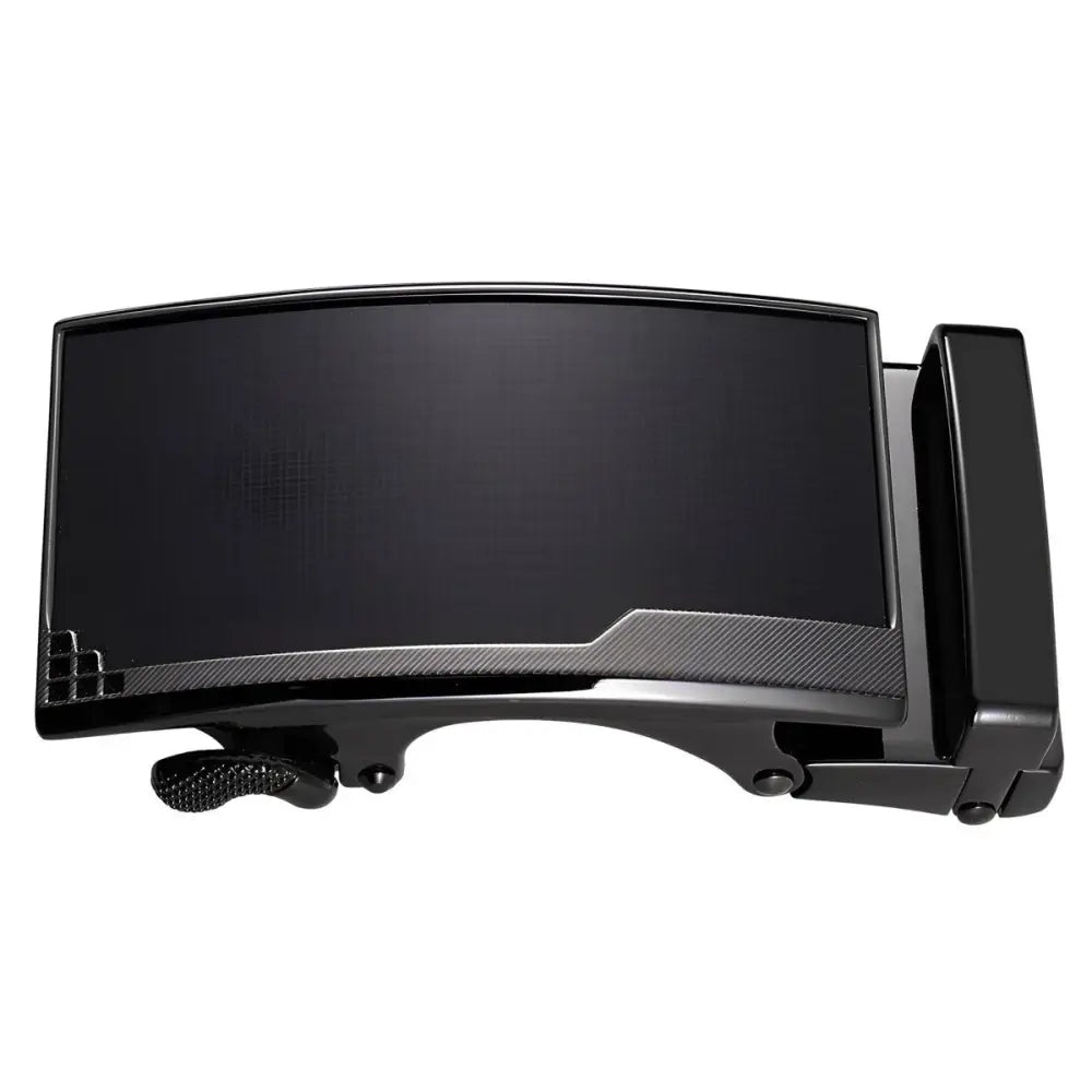 Black ratchet belt buckle in black metal for secure and stylish fastening