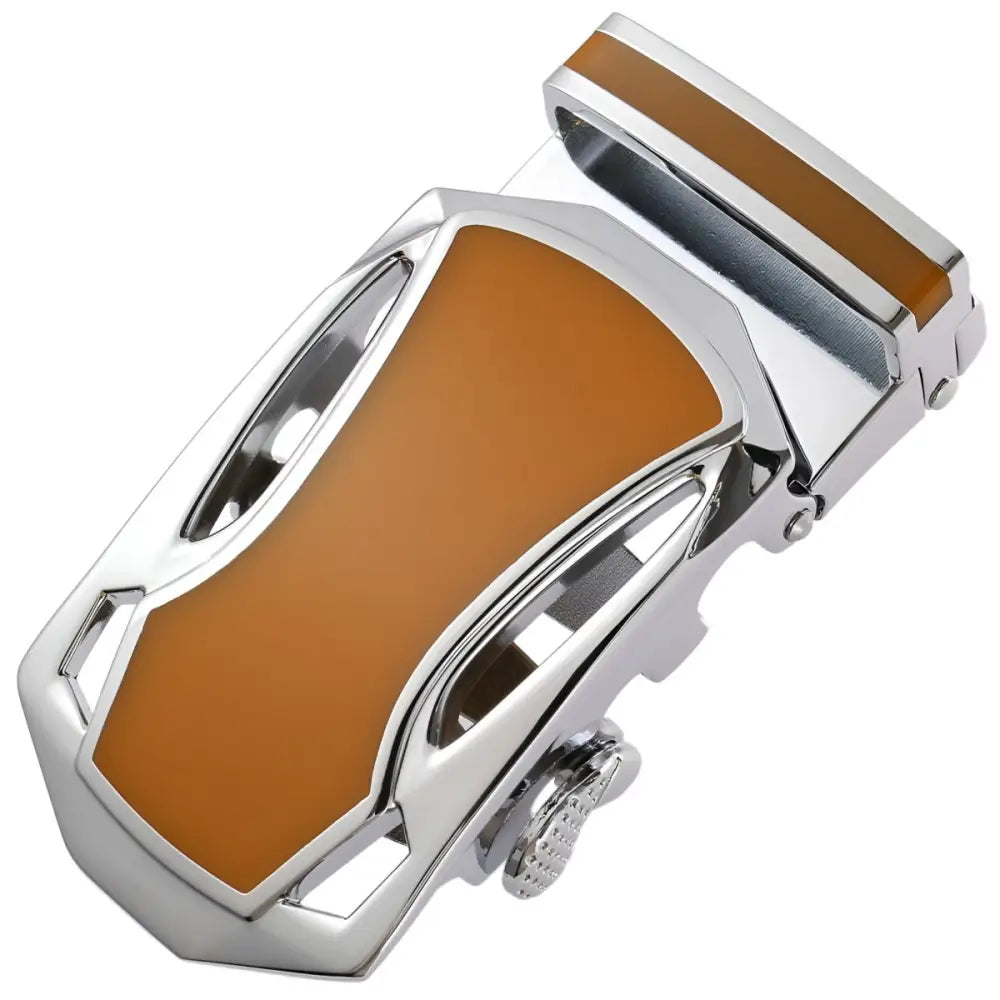 Chrome and brown belt buckle for Jordi automatic belt or automatic belt buckle display