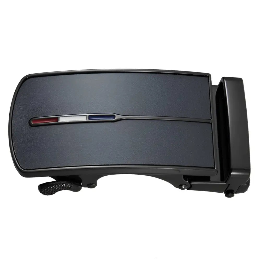Modern black automatic belt buckle with red, white, and blue accents, stylish design