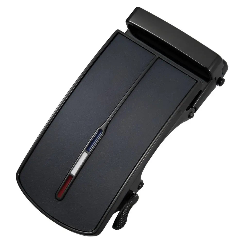 Modern black automatic belt buckle with red, white, and blue accents showcasing sleek design