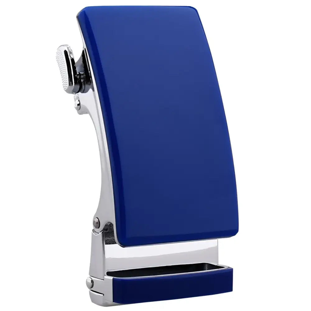 Blue and silver ratchet belt buckle from the Black and Silver Nils Automatic Belt Buckle collection