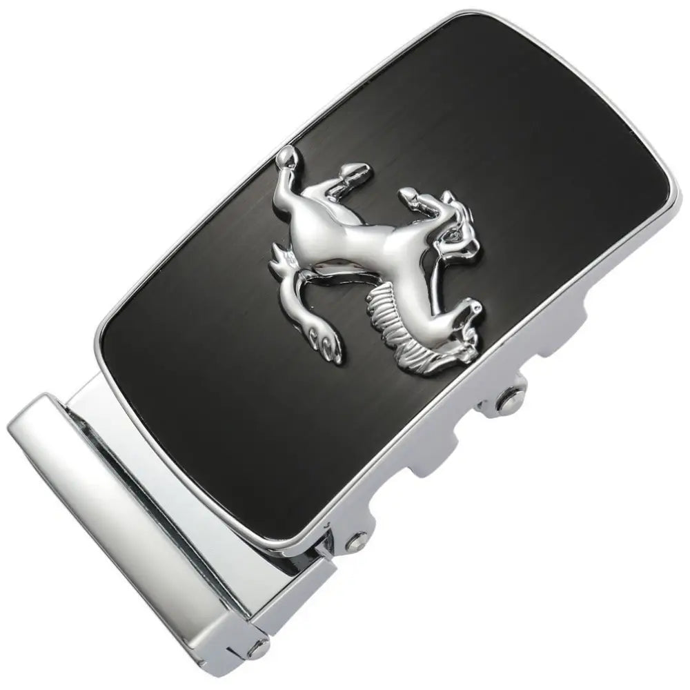 Remy Model gold and black belt buckle with horse emblem, stylish leather accessory