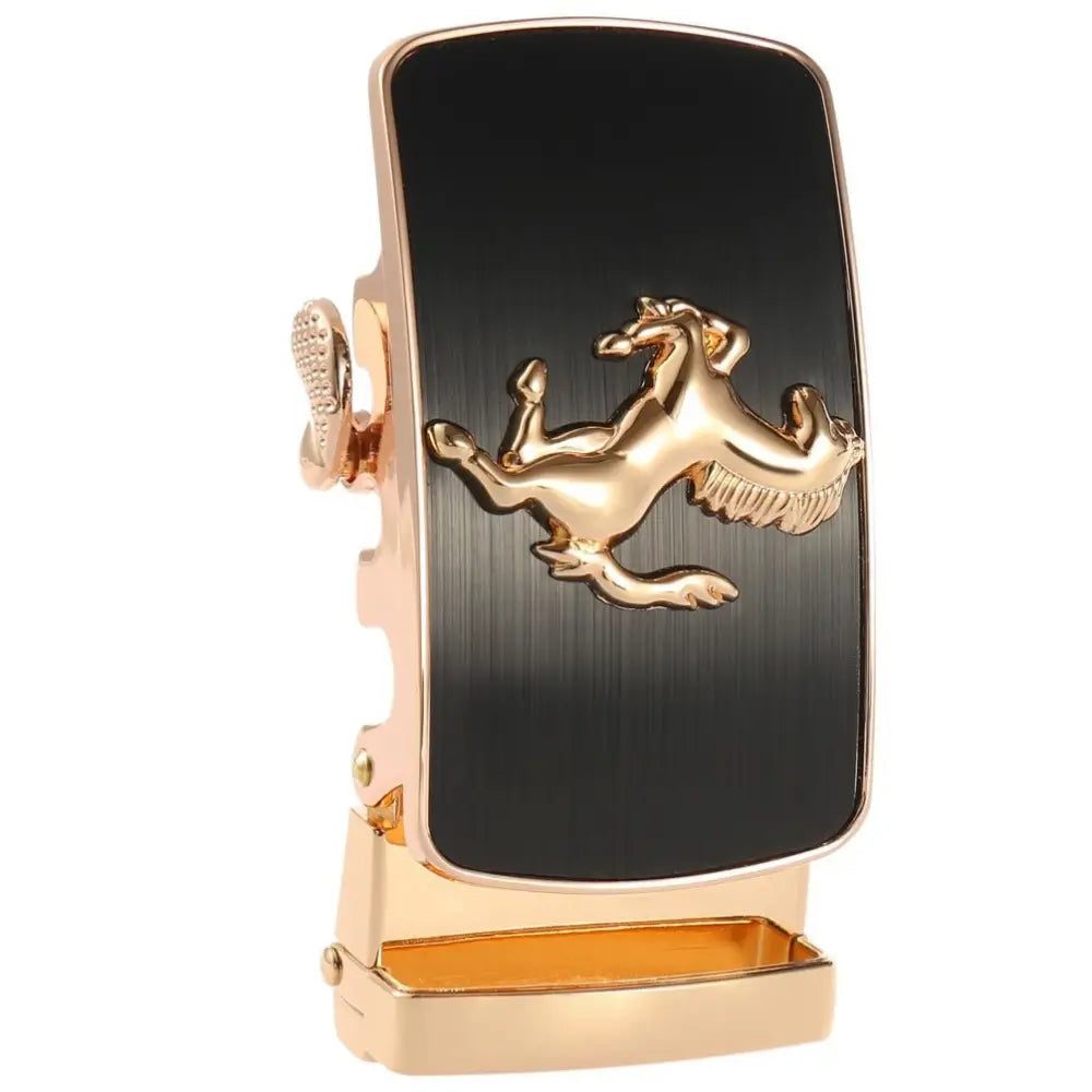 Remy Model gold and black belt buckle with horse emblem for stylish accessory display