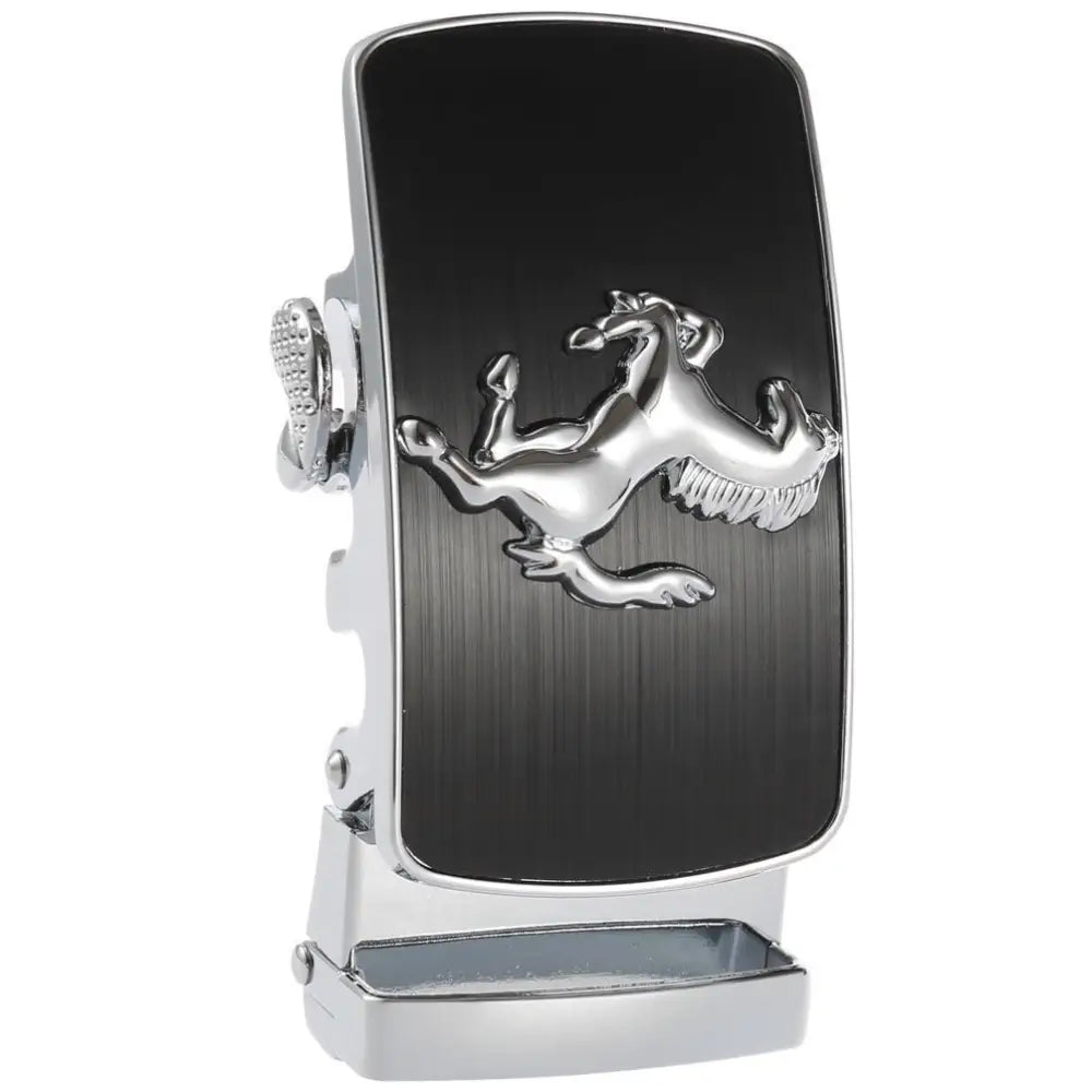 Remy Model Silver and Black Belt Buckle with Horse Emblem for stylish belt accessory