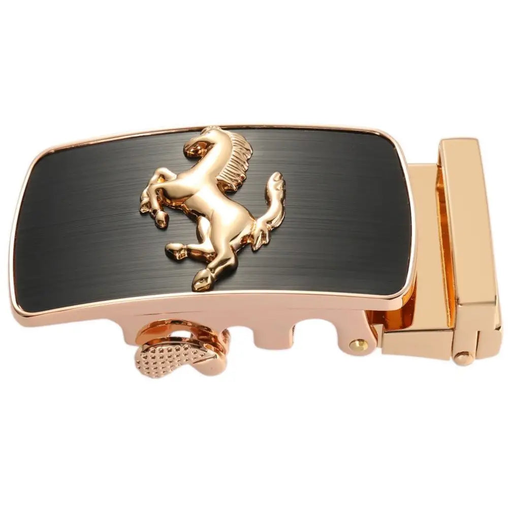 Remy Model gold and black belt buckle with prancing horse emblem for stylish accessories