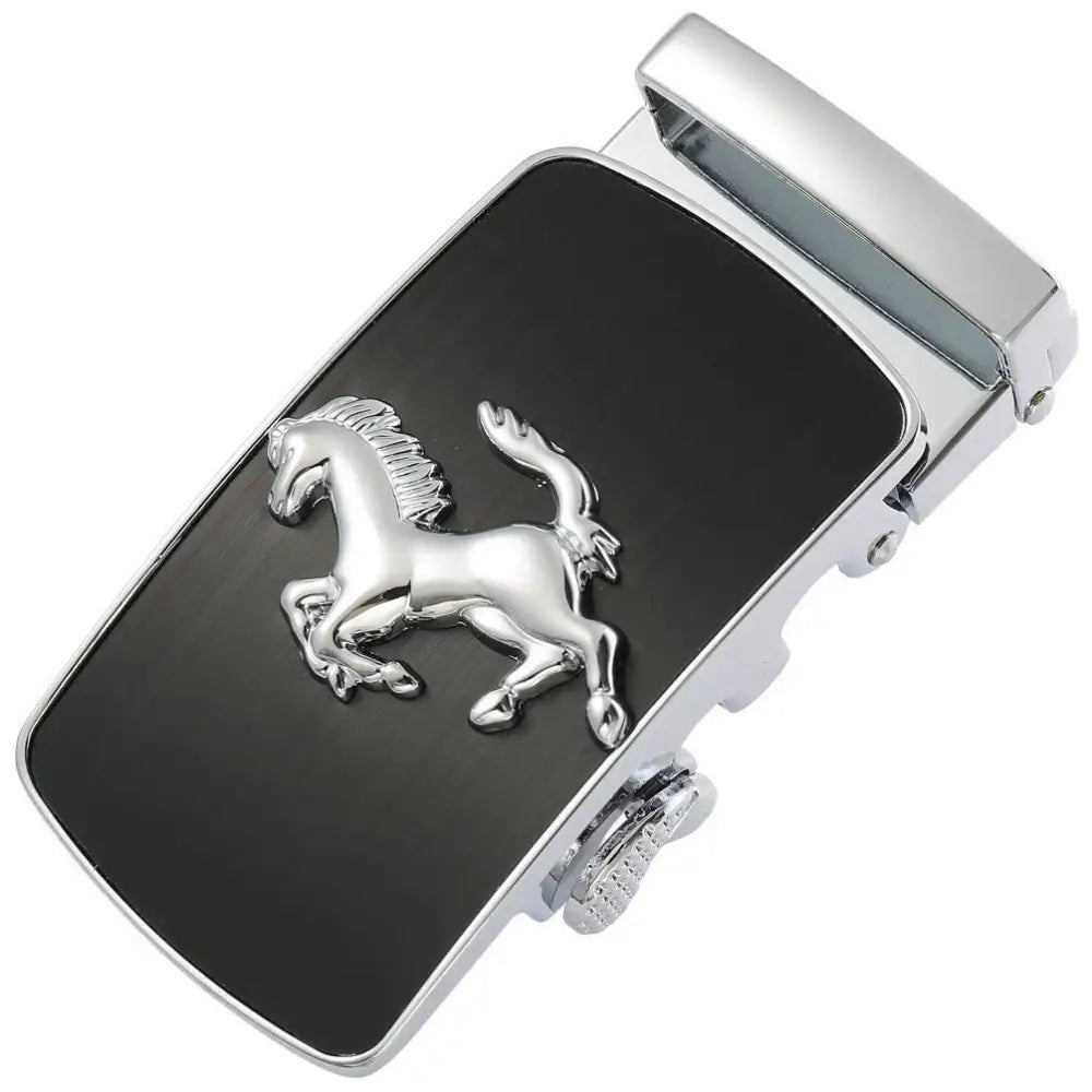 Black and silver belt buckle with horse emblem from the Remy Model collection