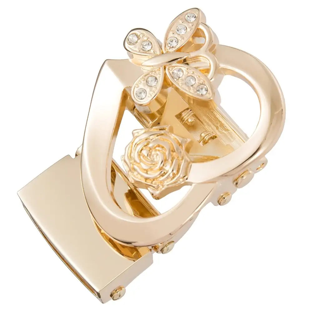 Gold-toned belt buckle with rose and butterfly embellishments from Heart-Shaped Belt Buckles