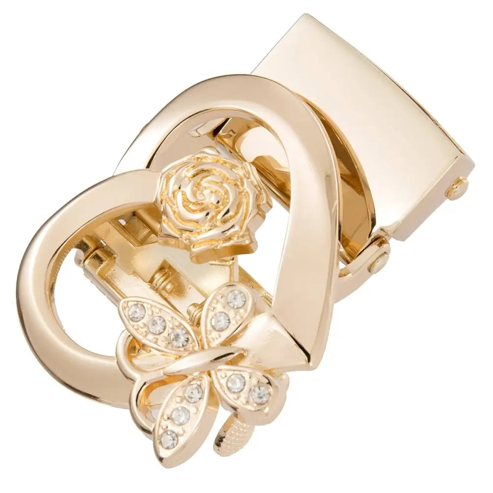 Gold-toned heart-shaped belt buckle with rose and dragonfly embellishments for elegant fashion accessories